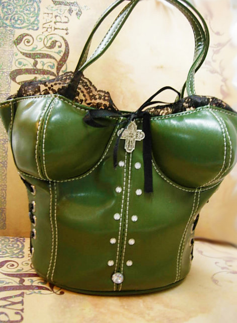 Sexy Rhinestone Corset Bustier purse with goth religious medal and straps