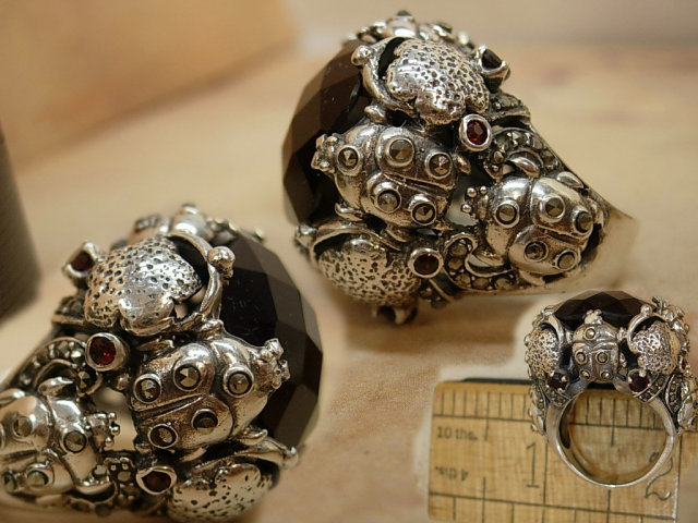 Bizarre Scarab beetle Gothic ring HUGE Blood red 14ct Garnet marcasites and sterling setting amulet