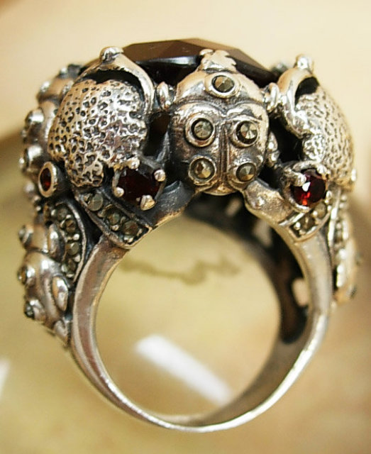 Bizarre Scarab beetle Gothic ring HUGE Blood red 14ct Garnet marcasites and sterling setting amulet