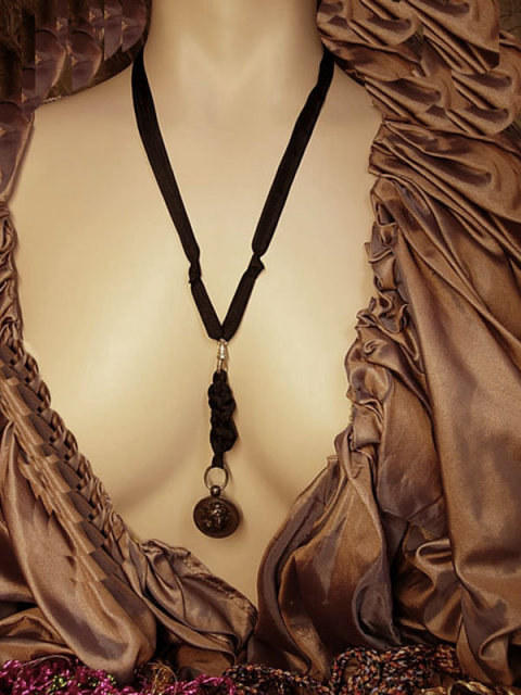 1915 3-D Liberty Head watch fob necklace on black silk ribbon sterling medallion