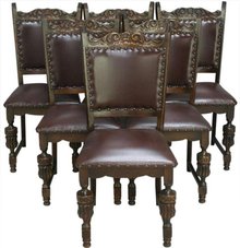 Vintage French Oak Dining Chairs Heavily Carved circa 1960 Set of 6
