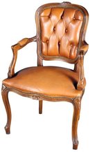 Vintage French Country Louix XV Arm Chair in Walnut & Brown Leather, circa 1950