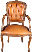 Vintage French Country Louix XV Arm Chair in Walnut & Brown Leather, circa 1950