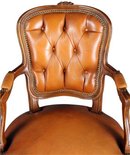 Vintage French Country Louix XV Arm Chair in Walnut & Brown Leather, circa 1950