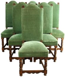 Set of 6 Vintage French Renaissance Dining Chairs in Green Velour Upholstery