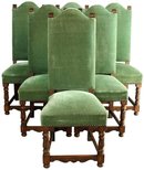 Set of 6 Vintage French Renaissance Dining Chairs in Green Velour Upholstery