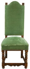 Set of 6 Vintage French Renaissance Dining Chairs in Green Velour Upholstery