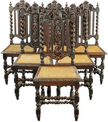 Set 6 Antique French Renaissance Hunting Dining Chairs Barley Twist Carved Oak