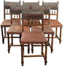 Set of 6 Antique French Renaissance Walnut Dining Chairs with Embossed Leather