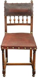 Set of 6 Antique French Renaissance Walnut Dining Chairs with Embossed Leather