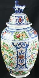 Antique Folk Art Delftware Ginger Jar Vase, Hand Painted with Grinning Lion