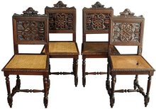 Set of 4 Ornately Carved Antique French Renaissance Henry II Oak Dining Chairs