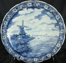 Large Vintage Blue Delft Charger Plate showing a Dutch Windmill on a Canal