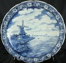 Large Vintage Blue Delft Charger Plate showing a Dutch Windmill on a Canal
