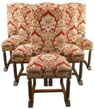 Vintage French Renaissance Dining Chairs, Red Patterned Brocade, Oak, Set/6