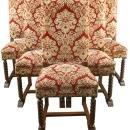 Vintage French Renaissance Dining Chairs, Red Patterned Brocade, Oak, Set/6