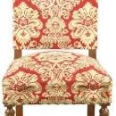 Vintage French Renaissance Dining Chairs, Red Patterned Brocade, Oak, Set/6
