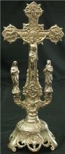 Antique Metal Standing Cross Crucifix, Symbols of 4 Evangelists, Mary & John