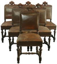 Set of 6 Antique French Renaissance Dining Chairs, Oak/Leather, 1900s France
