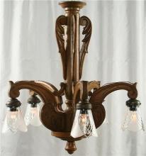 Vintage French Art Nouveau Carved Oak Chandelier, Glass Shades, 5 Arms