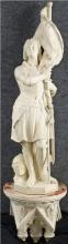Antique French Statue, Large, Cream, Knight with Flag, Religious, Fleur-de-Lis