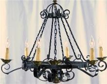 Vintage Spanish Mission Chandelier Wrought Iron/Brass Tone Metal, Round, 6 Light