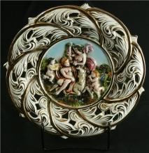 Vintage Italian Majolica Capodimonte Reticulated Plate with Goddess & Unicorn