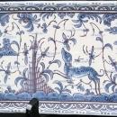 Vintage Hand-Painted Portuguese Majolica Serving Tray with Dog, Rabbit & Bird