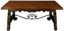 Large Vintage French Dining Table, Renaissance Style, Wrought Iron, Parquet Top