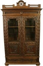 Antique Highly Carved Chestnut French Brittany Bookcase China Display Cabinet