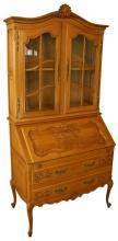 Vintage French Country Louis XV Secretary Bookcase, Oak/Glass, Ornate Carving