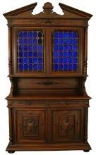 Large Antique French Buffet, 1900, Henry II, Cobalt Blue Stained Glass/Walnut