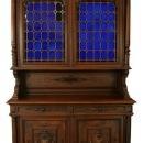 Large Antique French Buffet, 1900, Henry II, Cobalt Blue Stained Glass/Walnut