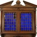 Large Antique French Buffet, 1900, Henry II, Cobalt Blue Stained Glass/Walnut