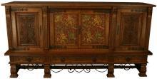 Massive Vintage French Oak Sideboard, Carved/Painted Gryphons/Lions Rampant