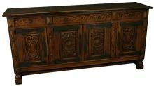 Large, Heavily Carved 1930 Spanish Oak Sideboard, Wrought Iron Hardware