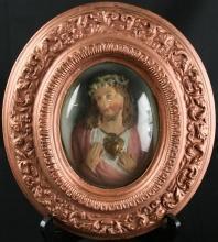 Antique French Convex Glass Framed Chalkware Sculpture of Jesus & Sacred Heart