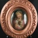 Antique French Convex Glass Framed Chalkware Sculpture of Jesus & Sacred Heart