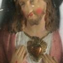 Antique French Convex Glass Framed Chalkware Sculpture of Jesus & Sacred Heart