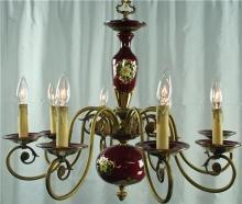 Vintage Bequet Chandelier, 1950 Belgium, Burgundy Ceramic & Metal, 8 Arms