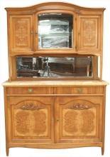 Antique French Art Deco Carved Walnut Burled Marble Veneer Buffet Mirrored Back