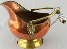 Vintage French Copper Coal Scuttle Planter Blue Delft