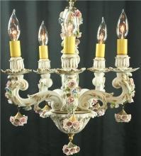 Vintage Italian 5-Arm Ceramic Capodimonte Style Chandelier w/ Bouquets of Roses