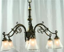 Large, Heavy Vintage French Gothic Chandelier, 6 Arms, Frosted Glass/Spikes/Ring