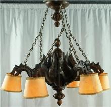 Vintage French Gothic Renaissance Chandelier, 6 Arms, Dragons, Carved Oak