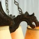 Vintage French Gothic Renaissance Chandelier, 6 Arms, Dragons, Carved Oak
