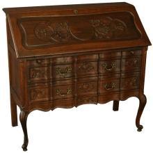 Vintage 1950 French Secretary, Louis XV, Oak, Curvy Front, Carvings