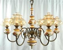 Vintage French Country Chandelier, Ceramic & Glass Globes, 6 Arms, Jester