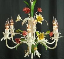 Vintage French Chandelier, 5arm, Lilies/Roses, Pink/Green/Yellow, Shabby/Cottage