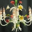 Vintage French Chandelier, 5arm, Lilies/Roses, Pink/Green/Yellow, Shabby/Cottage